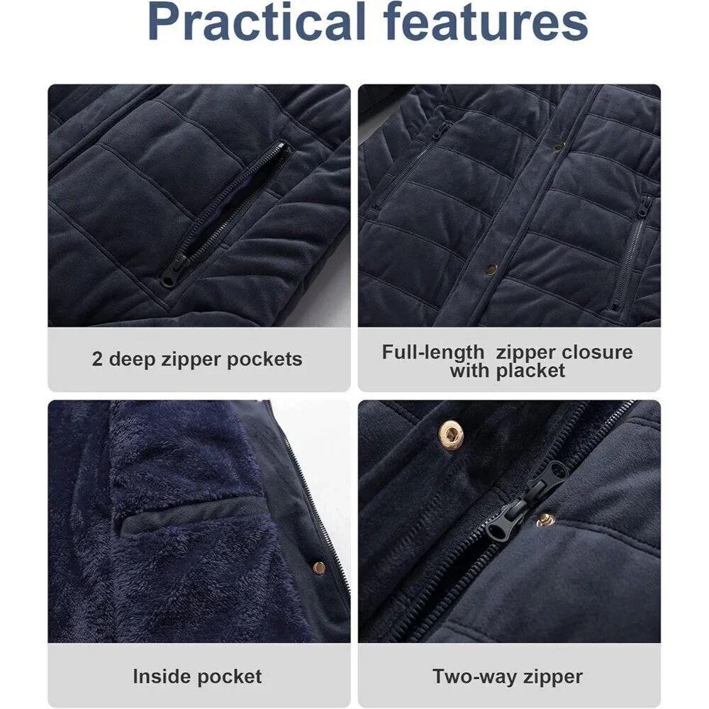 Women's Navy Winter Warm Coat Velvet Quilted Faux Fur Hood Puffer Jacket